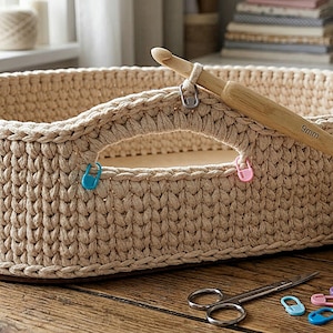 May include: A beige, oval crochet basket with handles, a wooden crochet hook, and a ball of yarn. The hook is marked with "9mm". Colourful stitch markers and scissors are also on the wooden surface.