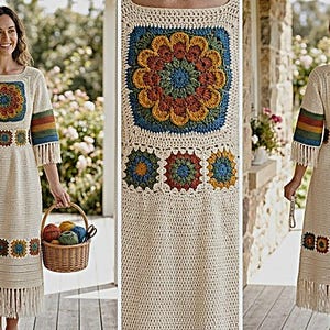May include: A cream-colored crochet dress with colorful floral and geometric patterns. The dress features a square neckline, elbow-length sleeves with rainbow stripes, and a fringed hem. A basket of yarn is held in the hand.