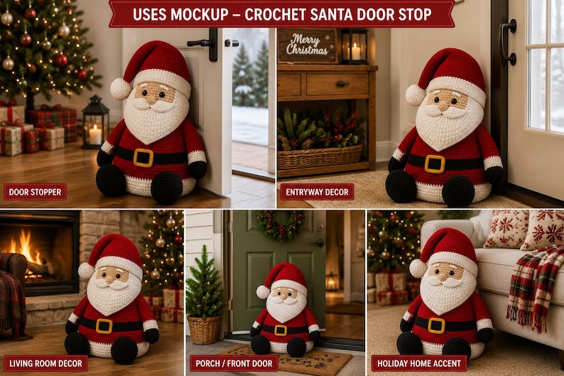 May include: A crochet Santa Claus door stopper featuring a red hat, a white beard, a black belt with a yellow buckle, and black boots. The image includes text labels: USES MOCKUP - CROCHET SANTA DOOR STOP, DOOR STOPPER, ENTRYWAY DECOR, LIVING ROOM DECOR, PORCH / FRONT DOOR, and HOLIDAY HOME ACCENT.