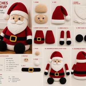 May include: A crochet pattern guide for a large Santa door stop, featuring a finished red, white, black, and beige Santa figure, along with individual component breakdowns including the head, hat, beard, body, arms, feet, nose, pom-pom, and belt.