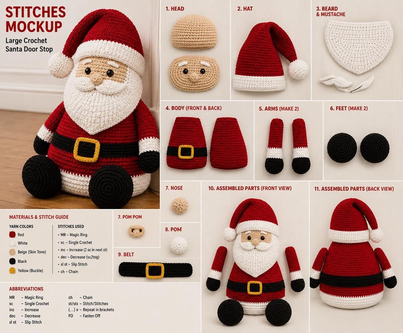 May include: A crochet pattern guide for a large Santa door stop, featuring a finished red, white, black, and beige Santa figure, along with individual component breakdowns including the head, hat, beard, body, arms, feet, nose, pom-pom, and belt.
