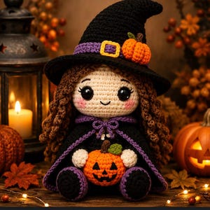 May include: A crocheted doll featuring brown curly hair, wearing a black witch hat with a purple band and yellow buckle, and a black cape with purple trim. The doll holds a small orange jack-o'-lantern and has pink cheeks and black eyes.