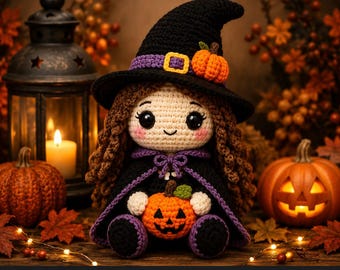 Patrón de muñeca bruja de ganchillo en PDF, amigurumi de Halloween con calabaza, patrón digital de ganchillo paso a paso, PDF