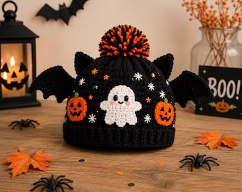 Haakpatroon voor een Halloweenmuts, spook-, pompoen- en vleermuismuts, PDF-haakpatroon, gezellige herfstmuts voor volwassenen en kinderen, digitale download, PDF