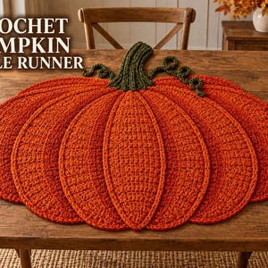 Könnte beinhalten: Ein kürbisförmiger Tischläufer aus orangefarbenem Häkelgarn mit einem dunkelgrünen Stiel und geschwungenen Ranken. Der Text CROCHET PUMPKIN TABLE RUNNER ist in der oberen linken Ecke zu sehen. Der Läufer liegt auf einer hölzernen Tischoberfläche.