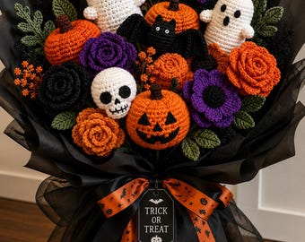 Häkelanleitung für einen Halloween-Blumenstrauß mit Geistern, Kürbissen, Katzen, Fledermäusen und Totenköpfen – gruselige Amigurumi-Dekoration, PDF-Häkelanleitung für Halloween