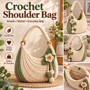 Könnte beinhalten: Eine gehäkelte Schultertasche in Creme und Salbeigrün mit einem einzelnen Henkel, der an Holzringen befestigt ist. Die Tasche ist mit einer gehäkelten Blumen- und Blattapplikation sowie hängenden Perlen verziert. Innen befindet sich ein Reißverschlussfach.