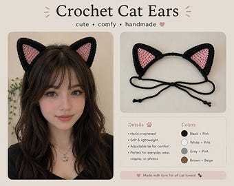 Crochet Cat Ear Headband Pattern,Cute Animal Ears Headband,Adjustable Tie Headband,Easy Crochet Pattern,PDF