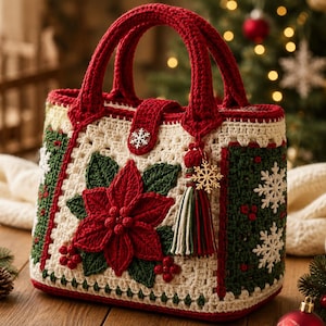Pode incluir: Uma bolsa de crochê com base creme, decorada com uma grande flor de poinsétia vermelha e folhas verdes na parte frontal. A bolsa possui alças vermelhas, um fecho de botão em forma de floco de neve e um pendente com um charme de floco dourado.