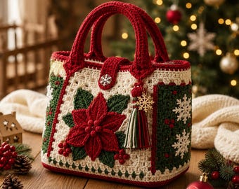 Haakpatroon voor een kersttas, haakpatroon voor een kersttas met poinsettia-motief, feestelijke boodschappentas (PDF), handleiding voor het haken van een wintercadeautas (PDF).