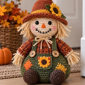 Può includere: Una bambola spaventapasseri all'uncinetto con un cappello marrone decorato da un girasole giallo, una camicia a quadri e una salopette verde con due bottoni in legno. La bambola ha capelli in rafia, un sorriso ricamato e un naso arancione.