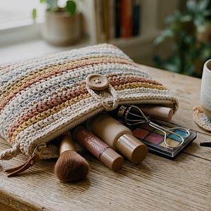 Può includere: Un beauty case all'uncinetto a righe beige, marrone e blu, con chiusura a bottone in legno, è aperto per rivelare trucchi. Una tazza di tè è appoggiata su un sottobicchiere all'uncinetto, con mascara e altri prodotti di bellezza.