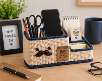 Haakpatroon voor een bureau-organizer voor Vaderdag (PDF), schattige bureau-organizer met snorretje, handleiding voor een gehaakte bureau-opbergmand, doe-het-zelf cadeau voor papa