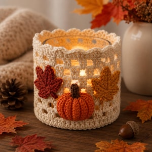May include: A cylindrical glass candle holder encased in a cream-colored crocheted sleeve with a scalloped top edge. The sleeve is decorated with a central orange crocheted pumpkin and two crocheted maple leaves in dark red and golden yellow.
