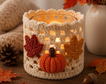 Autumn Glow Crochet LED Lantern Sleeve Pattern, Fall Lantern Cozy, Maple Leaf Crochet, Thanksgiving Home Decor, PDF