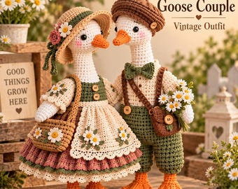 Haakpatroon voor een ganzenpaar, vintage ganzen amigurumi patroon, cottagecore ganzenpop, gehaakt bruidspaar, ganzenpatroon in PDF, PDF