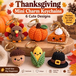 May include: Six crocheted Thanksgiving mini charm keychains featuring a turkey, pumpkin, slice of pie, acorn, corn cob, and pilgrim hat. Each item has a gold-toned metal keyring attached. The text reads Thanksgiving Mini Charm Keychains 6 Cute Designs.