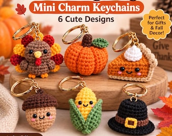 Haakpatroon voor een sleutelhanger met Thanksgiving-thema, 6 mini-ontwerpen met herfstthema, kalkoen, pompoentaart, eikel, maïs, pelgrimshoed, PDF