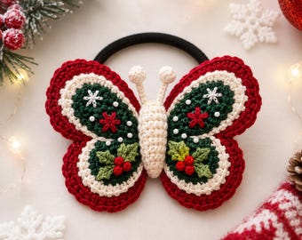 Christmas Butterfly Hair Tie Crochet Pattern PDF,Holiday Butterfly Ponytail Holder,Festive Hair Accessory DIY,PDF