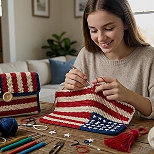 May include: A handmade crochet clutch featuring a red, white, and blue American flag pattern with a wooden button closure and a red tassel. The clutch is displayed alongside a partially finished matching piece, yarn balls, and crochet hooks.