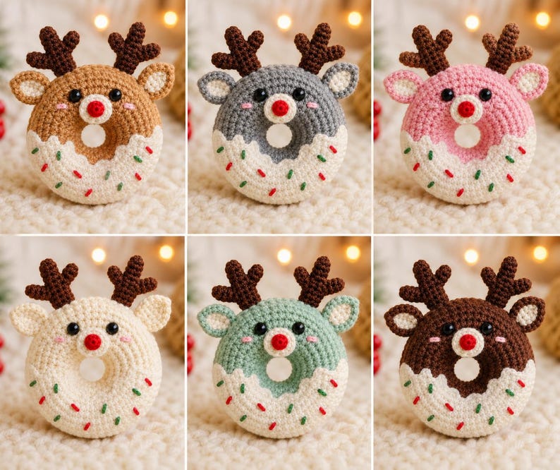 May include: Six crocheted donut ornaments shaped like reindeer, each featuring dark brown antlers, black bead eyes, a small red nose, and white icing with colorful sprinkles. The donuts come in tan, gray, pink, cream, light green, and dark brown colors.