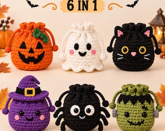 Haakpatroon voor Halloween-tasjes: 6-in-1 tasjes in de vorm van een pompoen, spook, kat, heks, spin en Frankenstein (PDF)