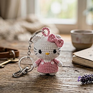 Pode incluir: Um chaveiro de crochê feito à mão com um gato branco com laço e vestido rosa. O chaveiro é preso a um anel e fecho de metal prateado. O gato tem olhos e bigodes pretos. O fundo inclui uma mesa de madeira, um diário e chaves.