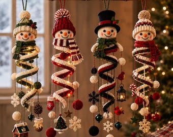 Häkelanleitung für einen spiralförmigen Schneemann zum Aufhängen (PDF), Weihnachtsschmuck-Anleitung für einen Schneemann, Häkeldekoration für die Feiertage, Winterdekoration zum Aufhängen (PDF)