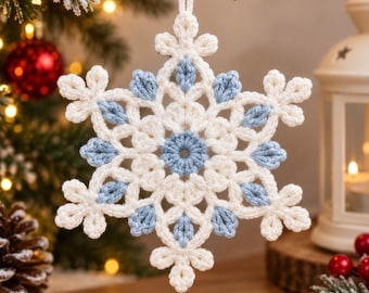 Gehaakt sneeuwvlokornament, blauw-ivoorkleurige kerstdecoratie, winterhaakpatroon, digitale download, PDF