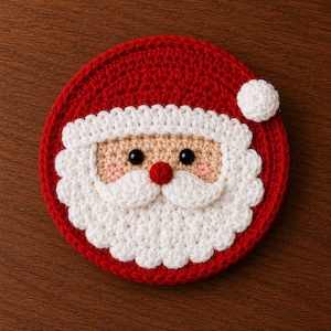 Può includere: Un sottobicchiere circolare all'uncinetto con il design del volto di Babbo Natale. L'oggetto presenta un cappello rosso con un pompon bianco, una barba e baffi bianchi, un viso beige, due occhi a perla neri e un piccolo naso rosso.