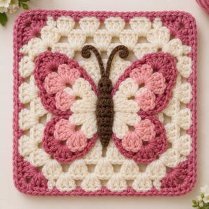 May include: A square crochet granny square featuring a central butterfly motif. The butterfly has a dark brown body and antennae, with wings in shades of light pink, dark pink, and cream. The surrounding square border is cream with a dark pink edge.