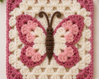 3D Vlinder Oma Vierkant Haakpatroon, Bloemen Vlindermotief, Vierkant Haakpatroon, Lente Haakdecoratie, Digitaal PDF-patroon, PDF