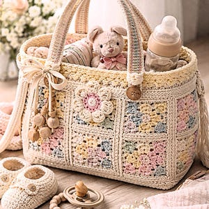 Puede incluir: Un bolso de bebé de ganchillo color crema con un estampado floral, asas y un osito de peluche en el interior. El bolso contiene un biberón, un chupete y zapatos de bebé. El bolso está decorado con cuentas de madera y una flor.