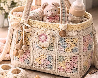 Crochet Diaper Caddy, Floral Granny Square Nursery Organizer Basket (PDF Pattern)
