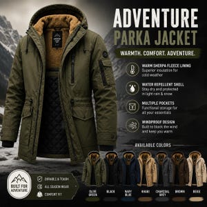 Op de afbeelding: Een olijfgroene parka met capuchon, voorzien van een beige sherpa fleece voering, een doorgestikte zwarte binnenkant, meerdere zakken met rits en klep, en geribbelde boorden. De tekst op de afbeelding luidt ADVENTURE PARKA JACKET, WARMTH. COMFORT. ADVENTURE.