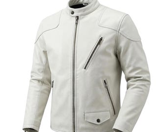 Herren Creme Leder Bikerjacke Modern Slim Fit Motorrad Streetwear Style