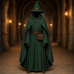以下が含まれることがあります： ダークグリーンのフード付きマントと、お揃いのとがった魔法使いの帽子。茶色のレザーベルトには小さなポーチが付いており、首元には茶色のレザーの留め具があります。この衣装は床まで届く長さで、長く幅の広い袖としっかりとしたシルエットが特徴です。