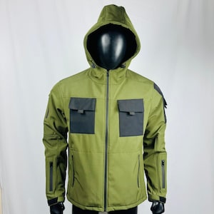 Taktisk stridsjacka: Olivgrön och svart Techwear Softshell Utility Coat Militärklassad stil