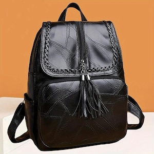 Women’s Patchwork Leather Backpack – Fashionable Oxford Cloth Travel Bag & Casual Tassel Daypack