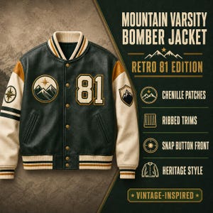 Könnte beinhalten: Eine dunkelgrüne und cremefarbene College-Bomberjacke mit der Nummer 81, Berg- und Kompass-Aufnähern, Druckknopfleiste, gerippten Bündchen und dem Text Mountain Varsity Bomber Jacket Retro 81 Edition, Chenille Patches, Ribbed Trims, Snap Button Front, Heritage Style, Vintage-Inspired.
