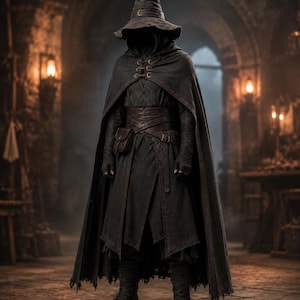 May include: A dark charcoal gray hooded cloak and matching pointed hat with a wide brim. The outfit includes a dark tunic, a brown leather wrap belt with a small attached pouch, and dark lace-up boots. The fabric appears textured and worn.