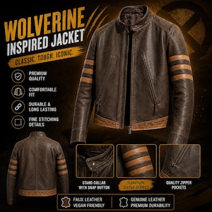 Könnte beinhalten: Eine braune Jacke mit Stehkragen, Druckknopf und drei horizontalen Streifen an jedem Ärmel. Die Jacke verfügt über einen Frontreißverschluss, zwei Reißverschlusstaschen und einen abgesetzten braunen Saum. Text: WOLVERINE INSPIRED JACKET.