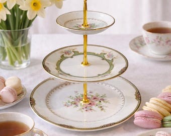 Three Tier Vintage Porcelain Dessert Stand with Gold Handle