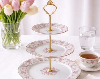 Vintage Noritake Charmaine 3-Tier Cake Stand | Pink Floral Gold Trim Tea Party Server