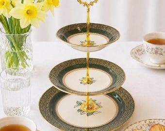 Three Tier Vintage Porcelain Homer Laughlin 22k Dessert Stand with Gold Handle