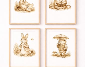 8 Vintage Woodland Nursery Wall Art Set, Printable Animal Nursery Decor, Instant Download