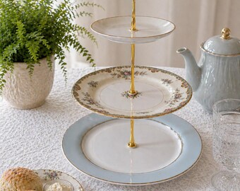 Three-Tier Vintage Porcelain Dessert Stand with Gold Handle