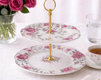English Rose Two Tiered Cake Stand, Floral Dessert Stand, Afternoon Tea Decor