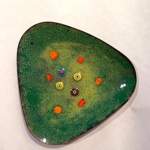 Small Vintage Enamel on Copper Triangular Trinket Dish | Mid-Century Modern Triangle Dish