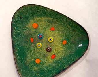 Small Vintage Enamel on Copper Triangular Trinket Dish | Mid-Century Modern Triangle Dish